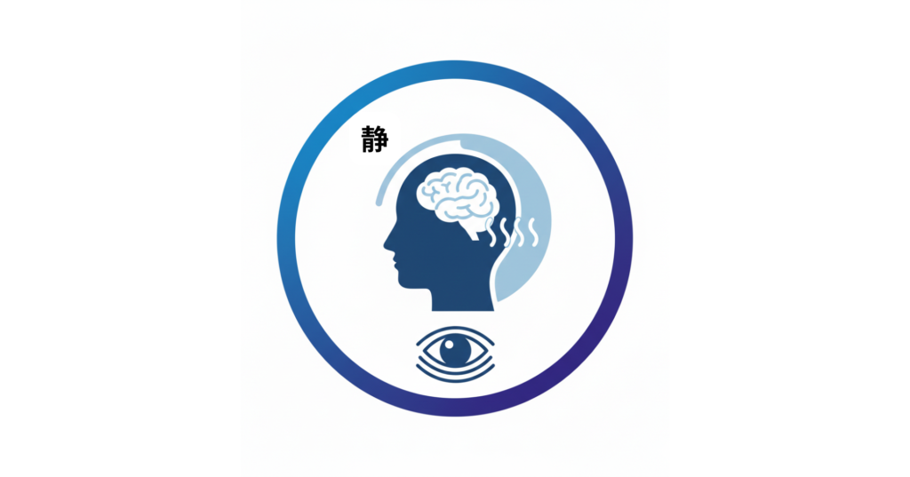 静カテゴリのアイコン：人の横顔と脳、集中を象徴する目のマークを組み合わせた、精神的基盤の再構築とノイズ遮断を表現するフラットデザイン