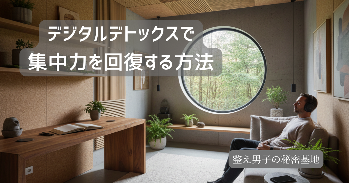 薄暗い落ち着いた書斎で、スマートフォンを脇に置き、紙のノートにペンを走らせる30代男性。傍らにはコーヒーがあり、デジタルデトックスを通じて脳疲労をリセットし集中力を高めている様子。