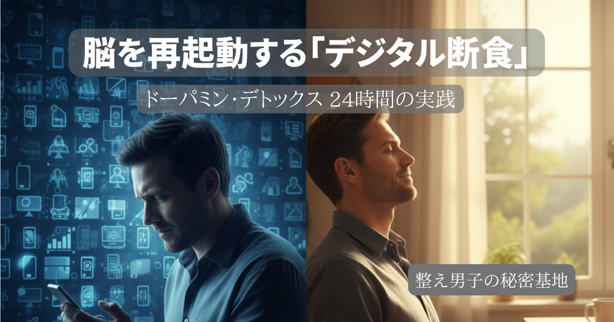 スマートフォンを物理的に隔離し、窓際で静かに休息をとる30代男性のイメージ。ドーパミン・デトックスによる集中力回復を表現。