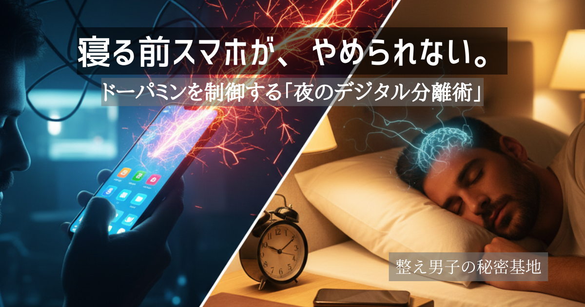 暗い寝室で、青白く光るスマホを遠ざけ、暖色系の柔らかな光の中で深い眠りにつこうとする30代男性のイメージ。ドーパミン依存を断ち切り睡眠の質を上げるデジタルデトックスの象徴。